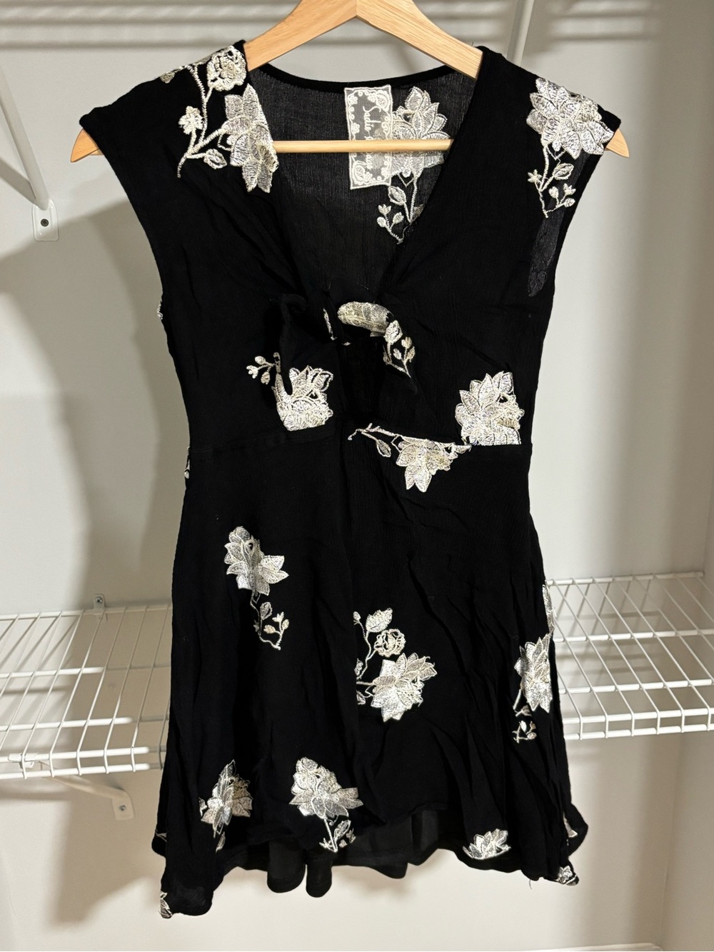 Sadie & Sage Black Mini Dress with White Floral Embroidery